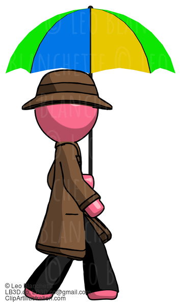 Pink Detective Man Walking With Colored Umbrella #1605