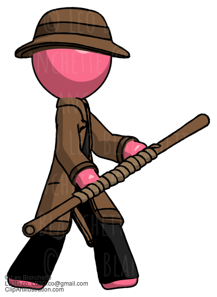 Pink Detective Man Holding Bo Staff In Sideways Defense Pose #1606