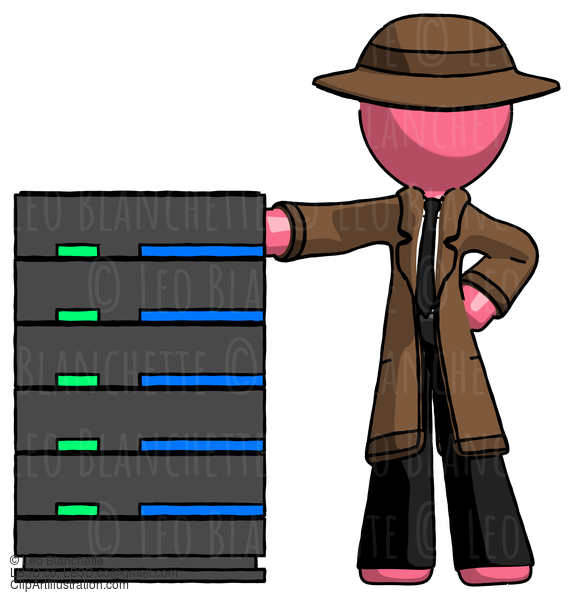 Pink Detective Man With Server Rack Leaning Confidently Against It #1609