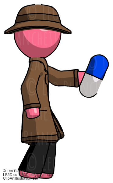 Pink Detective Man Holding Blue Pill Walking To Right #1611