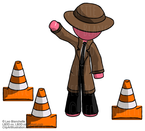 Pink Detective Man Standing By Traffic Cones Waving #1612