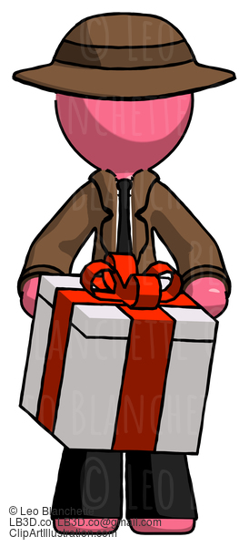 Pink Detective Man Gifting Present With Large Bow Front View #1619