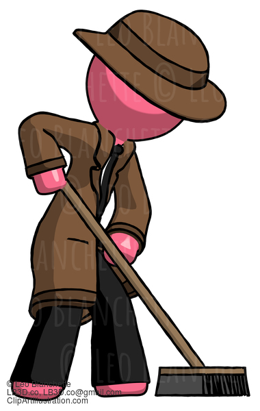 Pink Detective Man Cleaning Services Janitor Sweeping Side View #1621