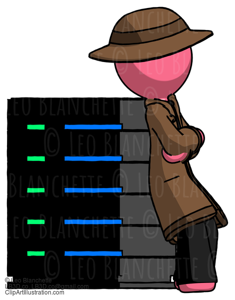 Pink Detective Man Resting Against Server Rack Viewed At Angle #1622