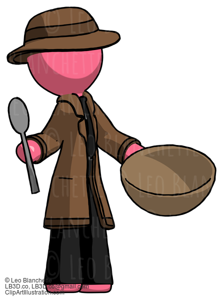 Pink Detective Man With Empty Bowl And Spoon Ready To Make Something #1623