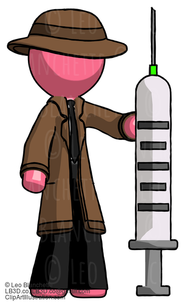 Pink Detective Man Holding Large Syringe #1624