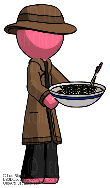 Pink Detective Man Holding Noodles Offering To Viewer #1628