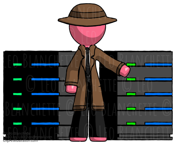 Pink Detective Man With Server Racks, In Front Of Two Networked Systems #1637