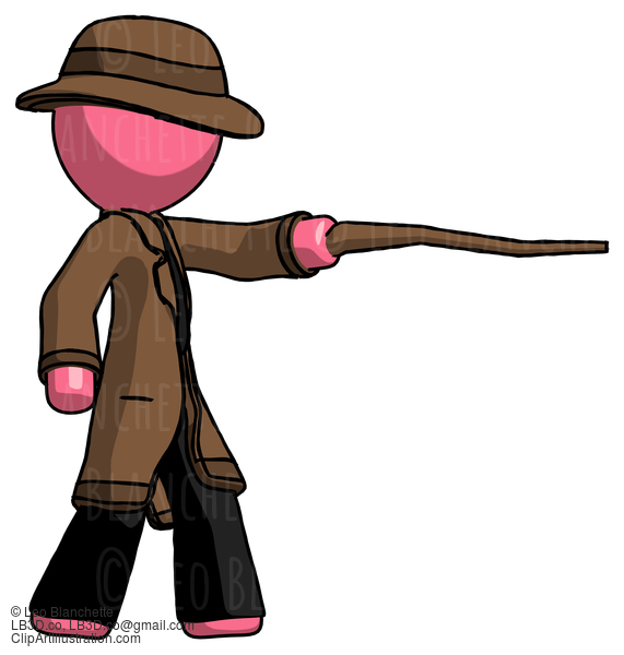 Pink Detective Man Pointing With Hiking Stick #1639