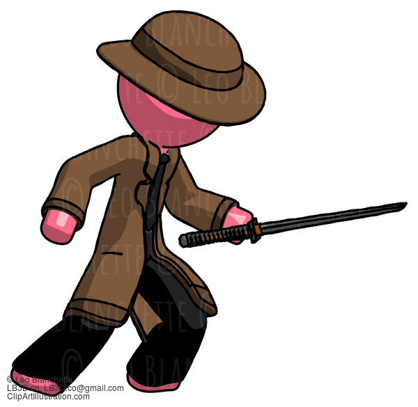 Pink Detective Man Stabbing With Ninja Sword Katana #1647