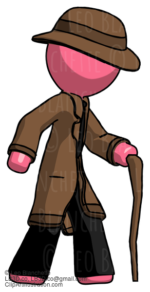 Pink Detective Man Walking With Hiking Stick #1651