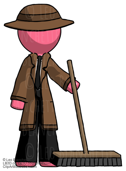 Pink Detective Man Standing With Industrial Broom #1659