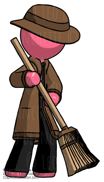 Pink Detective Man Sweeping Area With Broom #1662