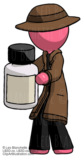 Pink Detective Man Holding White Medicine Bottle #1669