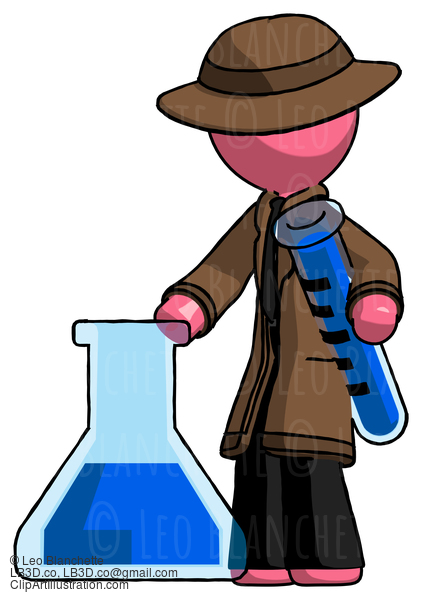 Pink Detective Man Holding Test Tube Beside Beaker Or Flask #1672