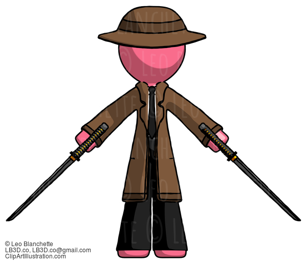 Pink Detective Man Posing With Two Ninja Sword Katanas #1685