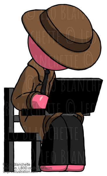 Pink Detective Man Using Laptop Computer While Sitting In Chair Angled Right #1705