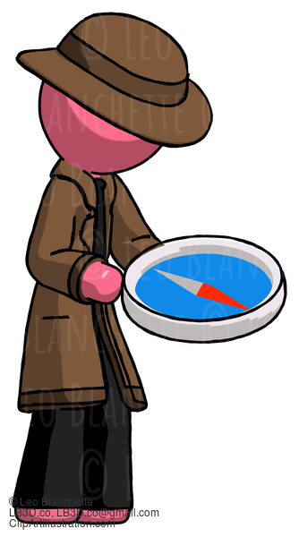 Pink Detective Man Looking At Large Compass Facing Right #1707