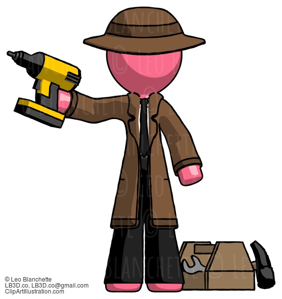 Pink Detective Man Holding Drill Ready To Work, Toolchest And Tools To Right #1708