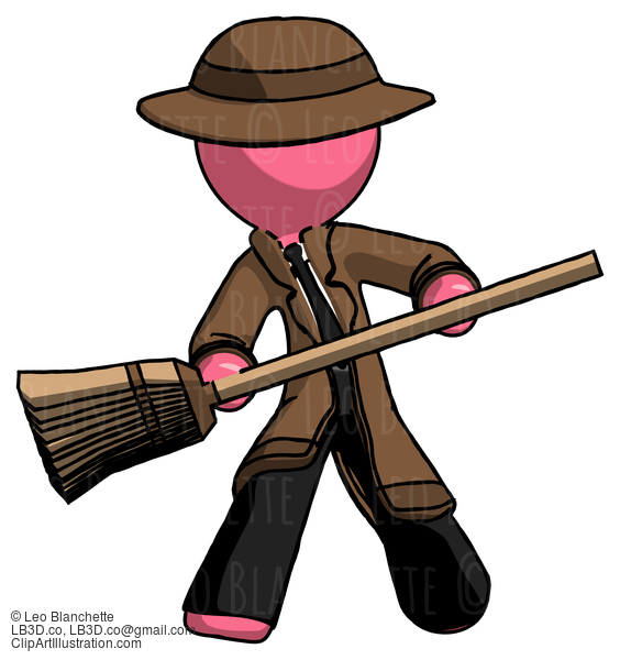 Pink Detective Man Broom Fighter Defense Pose #1709