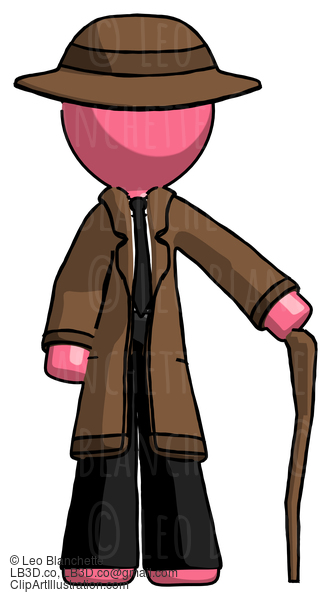 Pink Detective Man Standing With Hiking Stick #1713