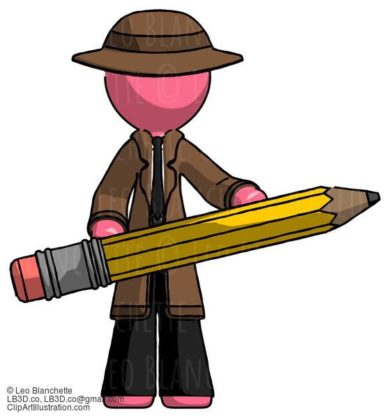 Pink Detective Man Writer Or Blogger Holding Large Pencil #1719