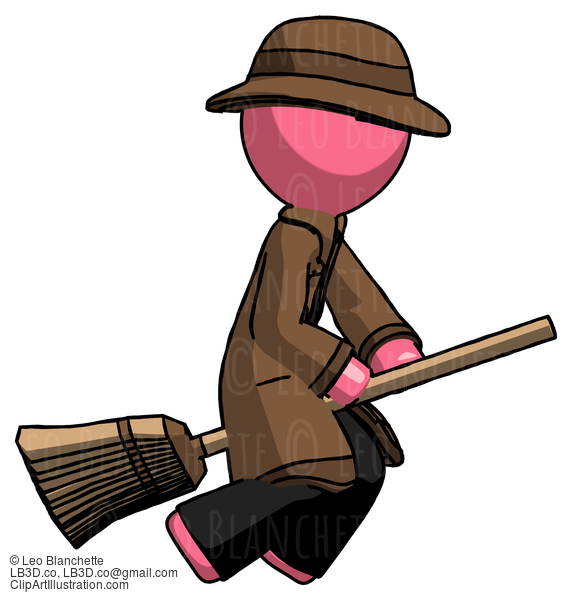 Pink Detective Man Flying On Broom #1725