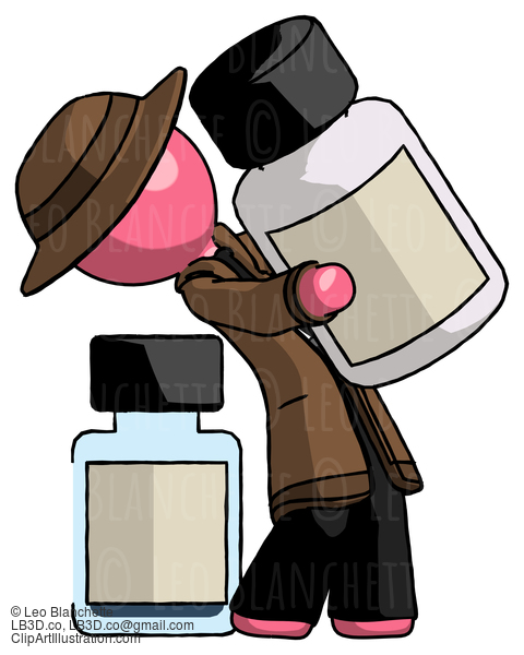 Pink Detective Man Holding Large White Medicine Bottle With Bottle In Background #1726