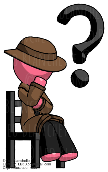 Pink Detective Man Question Mark Concept, Sitting On Chair Thinking #1731