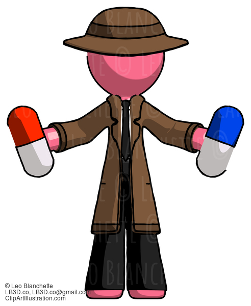 Pink Detective Man Holding A Red Pill And Blue Pill #1734