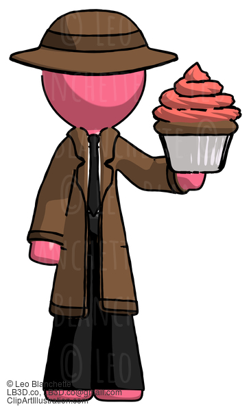 Pink Detective Man Presenting Pink Cupcake To Viewer #1737