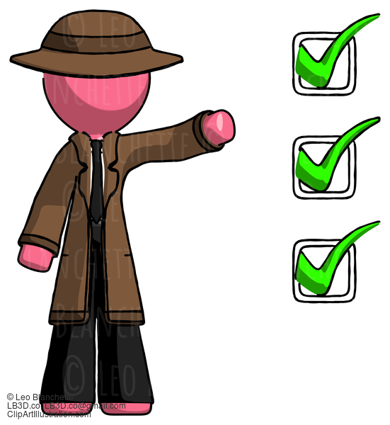 Pink Detective Man Standing By List Of Checkmarks #1740