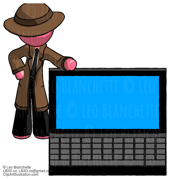 Pink Detective Man Beside Large Laptop Computer, Leaning Against It #1741