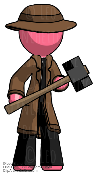 Pink Detective Man With Sledgehammer Standing Ready To Work Or Defend #1745