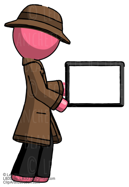 Pink Detective Man Show Tablet Device Computer To Viewer, Blank Area #1755