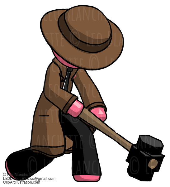 Pink Detective Man Hitting With Sledgehammer, Or Smashing Something At Angle #1759