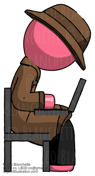 Pink Detective Man Using Laptop Computer While Sitting In Chair View From Side #1761