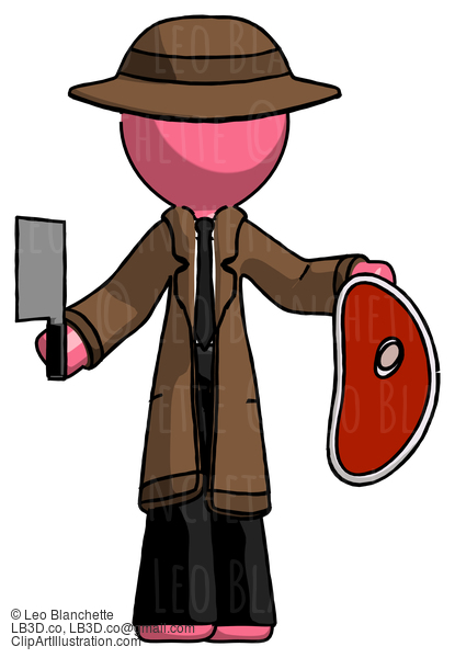 Pink Detective Man Holding Large Steak With Butcher Knife #1765