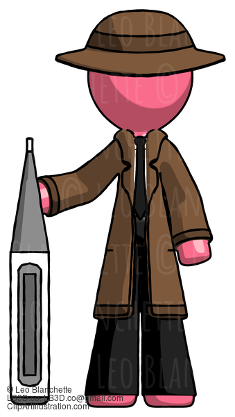 Pink Detective Man Standing With Large Thermometer #1769