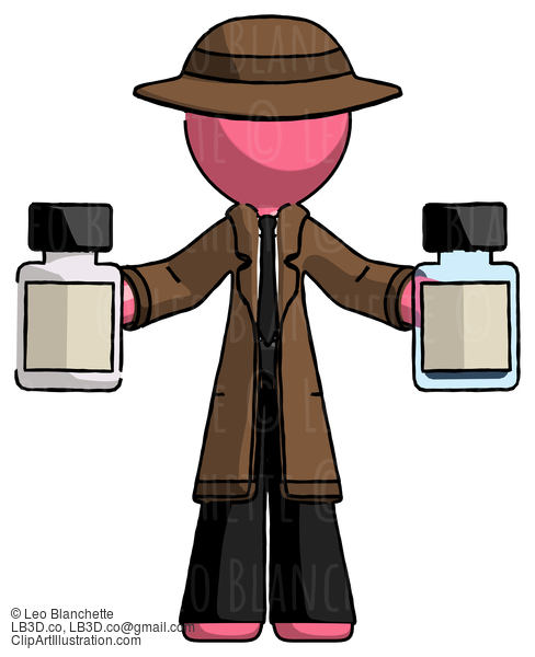 Pink Detective Man Holding Two Medicine Bottles #1770