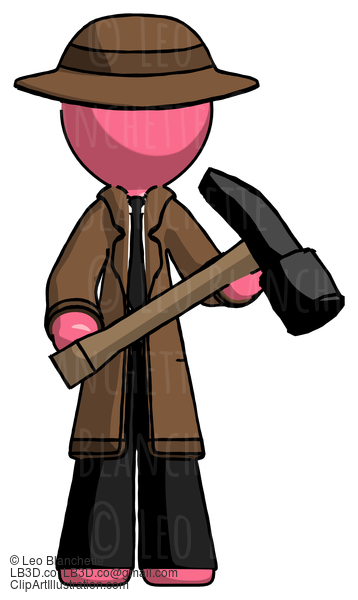 Pink Detective Man Holding Hammer Ready To Work #1772