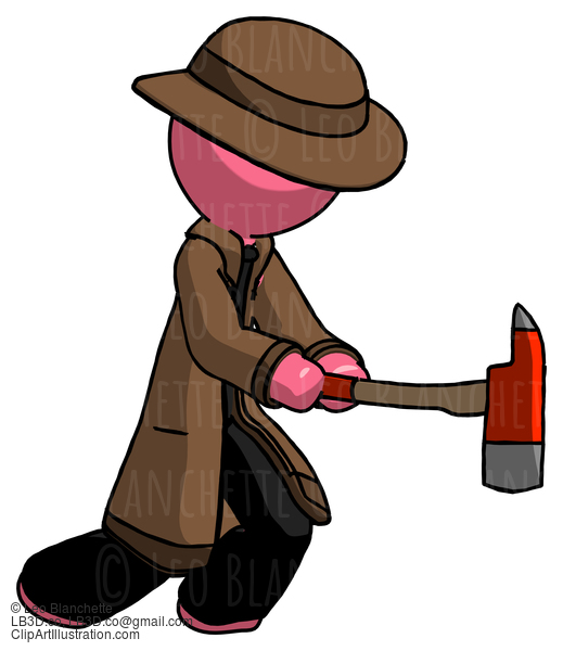 Pink Detective Man With Ax Hitting, Striking, Or Chopping #1775