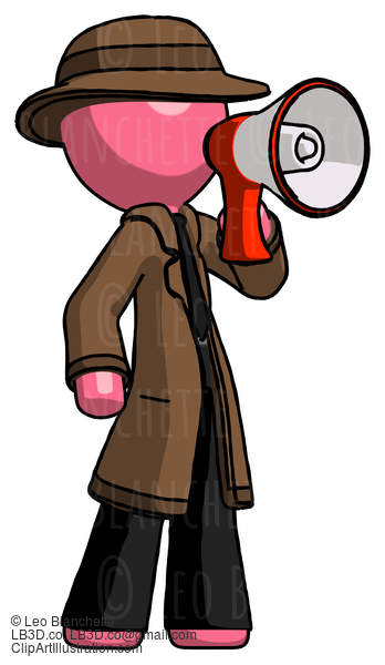 Pink Detective Man Shouting Into Megaphone Bullhorn Facing Right #1785