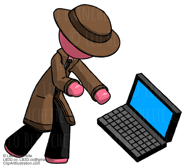 Pink Detective Man Throwing Laptop Computer In Frustration #1786