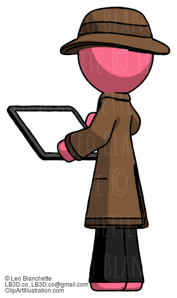 Pink Detective Man Looking At Tablet Device Computer With Back To Viewer #1787