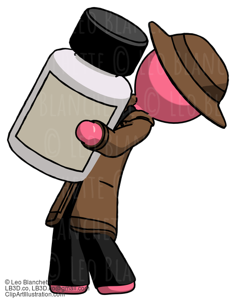 Pink Detective Man Holding Large White Medicine Bottle #1794