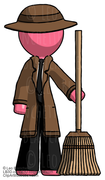 Pink Detective Man Standing With Broom Cleaning Services #1796