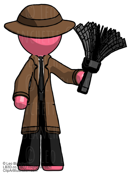 Pink Detective Man Holding Feather Duster Facing Forward #1798