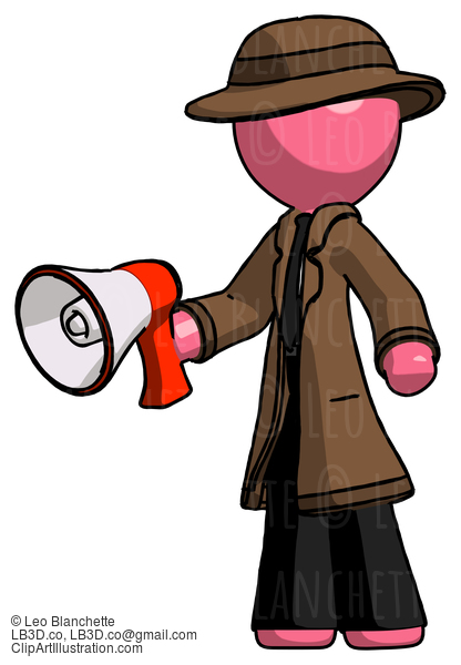 Pink Detective Man Holding Megaphone Bullhorn Facing Right #1803