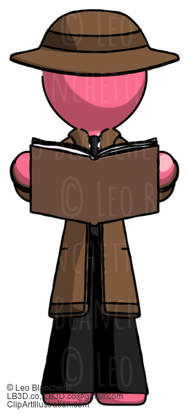 Pink Detective Man Reading Book While Standing Up Facing Viewer #1806